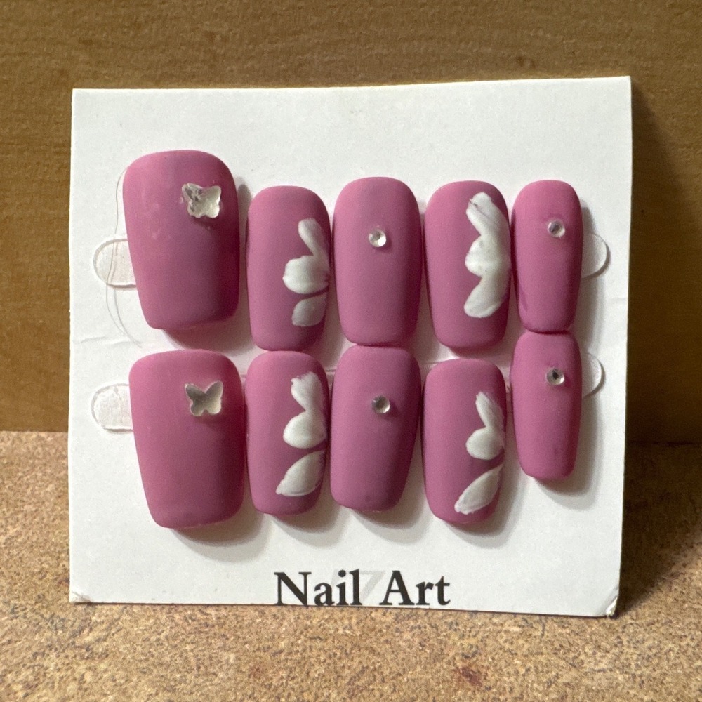 Matte Mauve Floral Press On Nails Medium Coffin 3D Butterfly Rhinestone 10pc Set